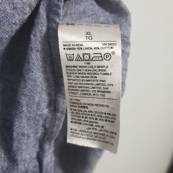 Gap Mens Linen Blend Button Up Shirt XL Slim Fit Blue Short Sleeve Chambray - Picture 6 of 12